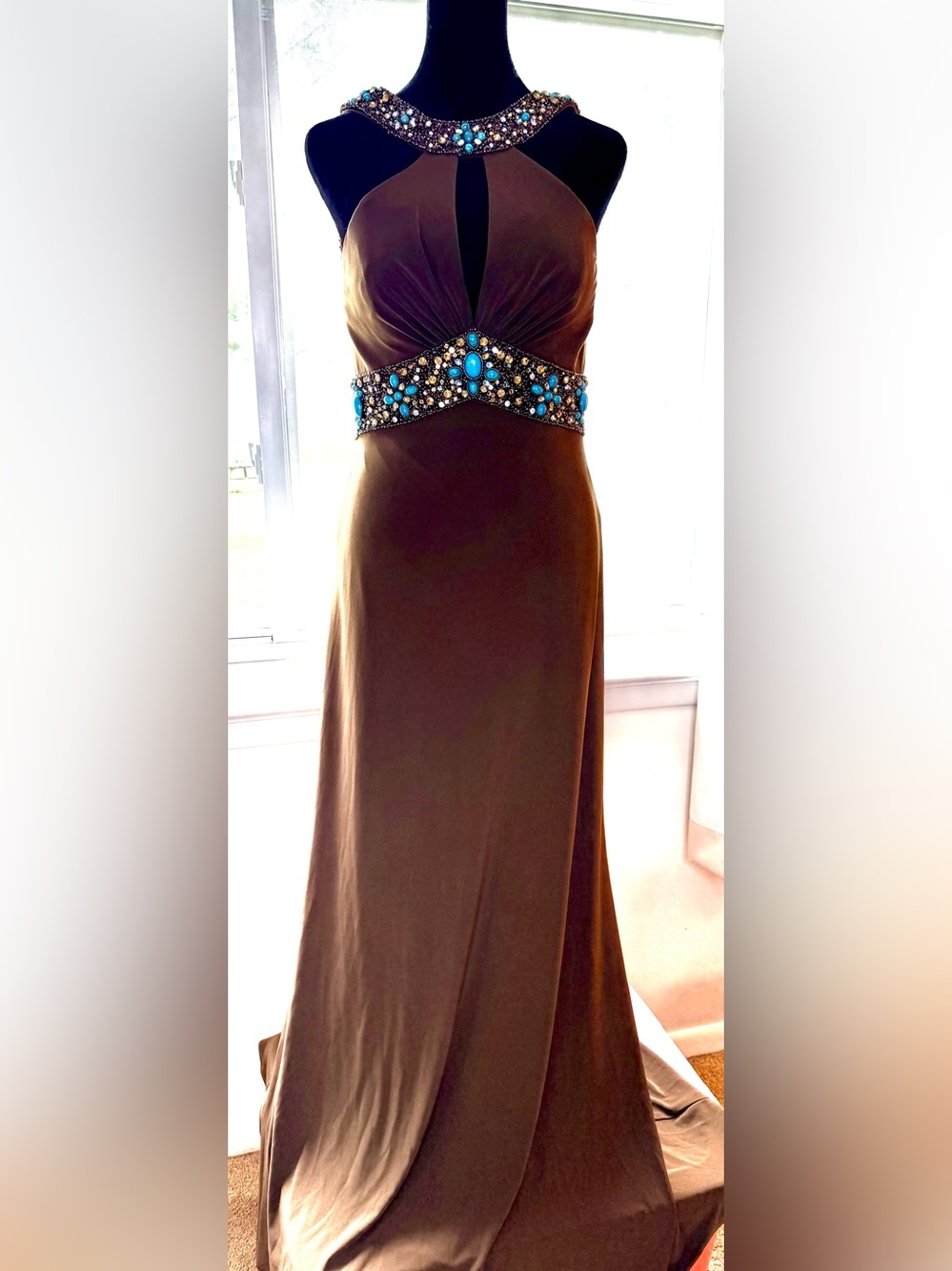 Vintage Y2K 2000’s Tony Bowls evening maxi dress brown turquoise beaded halter 8